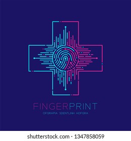 Cross sign shape Fingerprint pattern logo dash line, Safety technology concept design, Editable stroke illustration blue and pink isolated on dark blue background with Fingerprint text, vector eps