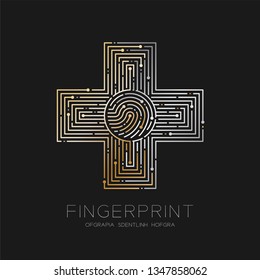 Cross sign shape Fingerprint pattern logo dash line, Safety technology concept design illustration gold and silver isolated on black background with Fingerprint text, vector eps