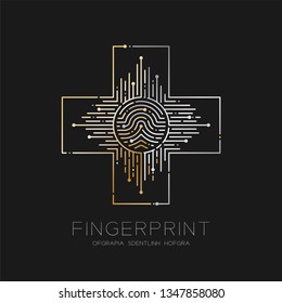 Cross sign shape Fingerprint pattern logo dash line, Safety technology concept design illustration gold and silver isolated on black background with Fingerprint text, vector eps