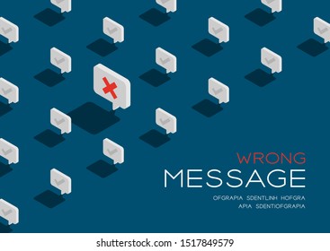 Cross sign in speech bubble message 3D isometric pattern, Wrong text send concept poster and social banner post horizontal design illustration isolated on blue background with copy space, vector