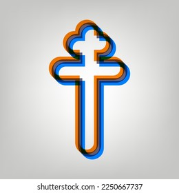 Cross sign. Stroked Icon in orange, azure and old lavender Colors at gray Background. Illustration.