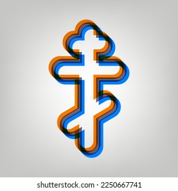 Cross sign. Stroked Icon in orange, azure and old lavender Colors at gray Background. Illustration.