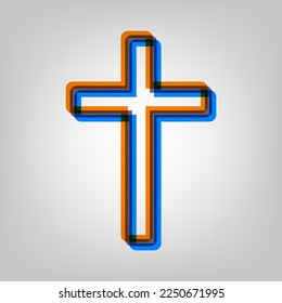 Cross sign. Stroked Icon in orange, azure and old lavender Colors at gray Background. Illustration.