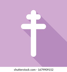 Cross sign. White Icon with long shadow at purple background. Illustration.