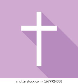 Cross sign. White Icon with long shadow at purple background. Illustration.