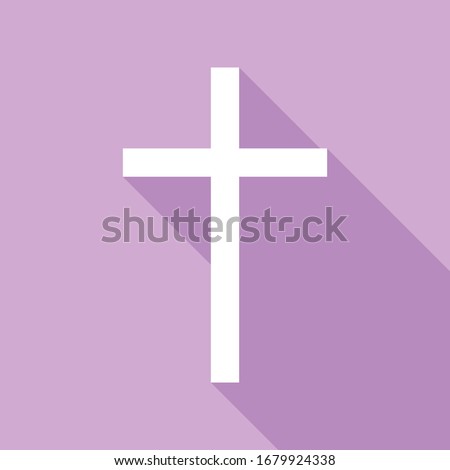Cross sign. White Icon with long shadow at purple background. Illustration.