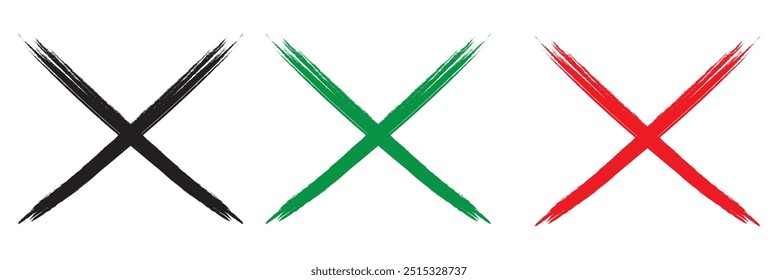 Sinal de cruz. Ícone X. Marca de esboço vermelha. Pincel Grunge para símbolo de errado, apagar, erro, cancelar e rejeitar. Tinta e tinta para manuscrito. Logo para votação e verificação. Carimbo de sangue em forma de cruz. Vetor.