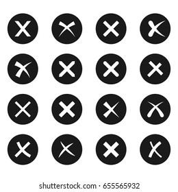 Cross signs, X on black icon set, brusch stroke web design element, wrong choice mark, negative answer. Vector flat style illustration isolated on white background
