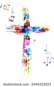 Cross silhouette in hand-painted style. Colorful religion symbol with flying music notes