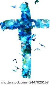 Cross silhouette in hand-painted style. Colorful religion symbol with flying birds