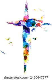 Cross silhouette in hand-painted style. Colorful religion symbol with flying birds