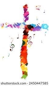 Cross silhouette in hand-painted style. Colorful religion symbol with flying music notes