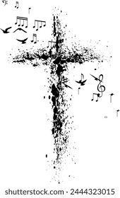 Cross silhouette in hand-painted style. Religion symbol with flying music notes and birds