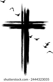 Cross silhouette in hand-painted style. Religion symbol with flying birds