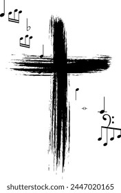 Cross silhouette in hand-painted style. Religion symbol with flying music notes