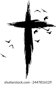 Cross silhouette in hand-painted style. Religion symbol with flying birds