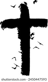 Cross silhouette in hand-painted style. Religion symbol with flying birds