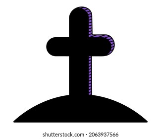 Cross. A silhouette with a purple tint. Memorial on the hill. Vector illustration. Isolated white background. Gloomy grave in the cemetery. Halloween symbol. Decoration for All Saints Day. 