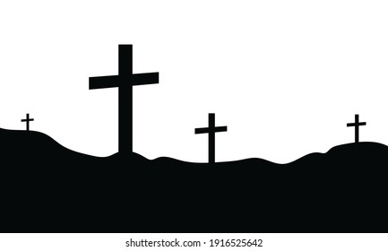 Cross Silhouette vector art on white background. Mountain silhouette with four crosses. Landscape Scenery, wallpaper banner art design. Vector Illustration. Graphics