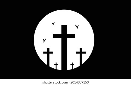 Cross Silhouette vector art on white sky background. Silhouette five crosses in circle shape. Landscape Scenery, wallpaper banner art design. Vector Illustration. Christian cross tomb graphic poster