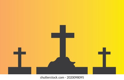 Cross Silhouette vector art with sunrise background. Mountain silhouette with three crosses. Landscape Scenery, wallpaper banner art design. Vector Illustration. Christian cross tomb graphic poster