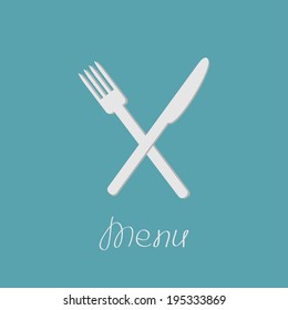 Cross silver fork and knife. Menu cover in flat design style. Vector illustration
