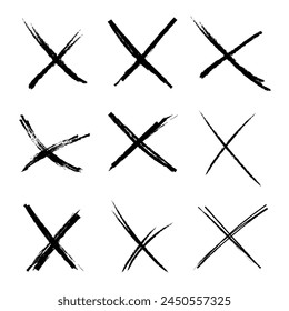 Cross sketch grunge scribble set X shape sign, mark on white background. Strikethrough textured brush charcoal or marker hand drawn lines.