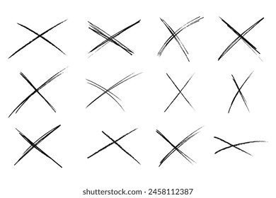 Cross sketch grunge scribble set X shape sign, mark on white background. Strikethrough textured brush charcoal or marker hand drawn lines.