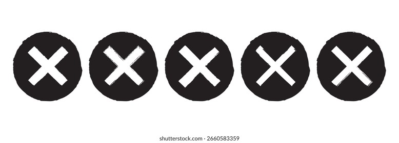 Croquis grunge garabato conjunto X signo de forma, marca sobre fondo blanco. Tachar a través del carbón de pincel texturizado o las líneas dibujadas a mano del marcador.