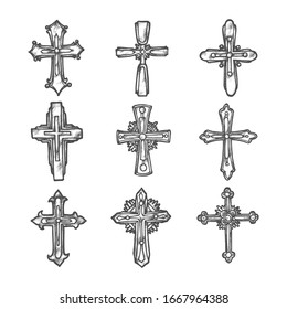 Cross sketch, vector ornate Medieval and Victorian christian crucifix. Hand drawn sketch heraldic crucifix crosses with ornaments and decorations, Christianity religion symbols