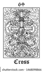 Cross and skull. Tarot card from vector Lenormand Gothic Mysteries oracle deck. Black and white engraved illustration. Fantasy and mystic line art drawing. Gothic, occult and esoteric background