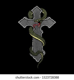 The cross and the snake. T-shirt design. Vector.