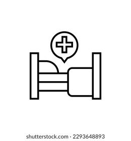 Cross in Speech Bubble over Hospital Bed Icon. Editable stroke. Suitable for various type of design, banners, infographics, stores, shops, web sites 