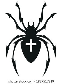cross spider shape symbol - black and white vector tattoo illustration, isolated on white background