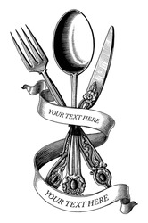 Cross Of Spoon Fork And Knife Hand Draw Vintage Engraving Style Black And White Clip Art Isolated On White Background
