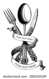 Cross of spoon fork and knife hand draw vintage engraving style black and white clip art isolated on white background