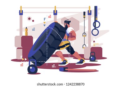 Cross Sport workout flat poster vector illustration. Strong sportsman on training with squatting lifting tire at gym. Fitness bodybuilding motivation design. Healthy lifestyle concept