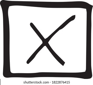 cross in a square sketch icon, sticker, hand drawn vector doodle, minimalism, monochrome. single element for design. vote, elections, against, not fulfilled