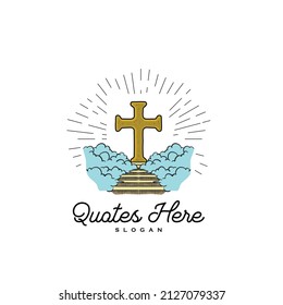 Cross with stair and cloud of heaven design vector. Can apply for logo icon. vintage modern style. Template for web site, shirt, club community badge label, tatto, ui ux element graphic background