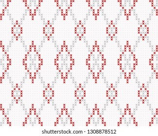 Cross stitch allover argyle ornamental motif. Seamless vector pattern for fabric, apparel textile, interior design, linen napkin, kitchen tablecloth. Retro Scottish folk ornament in red, grey, white