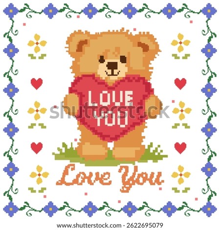 Cross Stitch Bear wallpaper and background. Vector illustration design digital file download for print, printable, card, textile, texture, backdrop, napery and many projects.