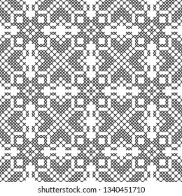 Cross stitch. Black and white seamless pattern. Embroidery, knitting. Abstract geometric background. Ethnic ornaments.