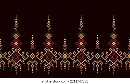 Cross Stitch Border. Embroidery Cross Stitch. Ethnic Patterns. Geometric Ethnic Indian pattern. Native Ethnic pattern.Texture Textile Fabric Clothing Knitwear print. Pixel Horizontal Seamless Vector.