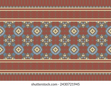 Cross Stitch Border. Embroidery Cross Stitch. Ethnic Patterns. Geometric Ethnic Indian pattern. Native Ethnic pattern.Texture Textile Fabric Clothing Knitwear print. Pixel Horizontal Seamless Vector.
