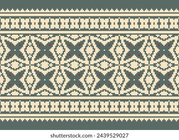 Cross Stitch Border. Embroidery Cross Stitch. Ethnic Patterns. Geometric Ethnic Indian pattern. Native Ethnic pattern. Texture Textile Fabric Clothing Knitwear print. Pixel Horizontal Seamless Vector.