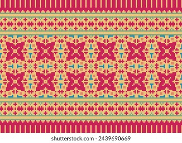 Cross Stitch Border. Embroidery Cross Stitch. Ethnic Patterns. Geometric Ethnic Indian pattern. Native Ethnic pattern.Texture Textile Fabric Clothing Knitwear print. Pixel Horizontal Seamless Vector.