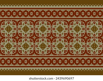 Cross Stitch Border. Embroidery Cross Stitch. Ethnic Patterns. Geometric Ethnic Indian pattern. Native Ethnic pattern.Texture Textile Fabric Clothing Knitwear print. Pixel Horizontal Seamless Vector.