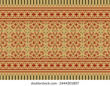 Cross Stitch Border. Embroidery Cross Stitch. Ethnic Patterns. Geometric Ethnic Indian pattern. Native Ethnic pattern. Texture Textile Fabric Clothing Knitwear print. Pixel Horizontal Seamless Vector.