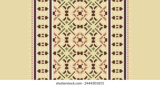 Cross Stitch Border. Embroidery Cross Stitch. Ethnic Patterns. Geometric Ethnic Indian pattern. Native Ethnic pattern. Texture Textile Fabric Clothing Knitwear print. Pixel Horizontal Seamless Vector.