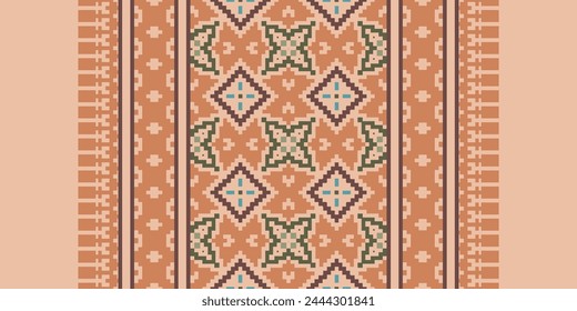 Cross Stitch Border. Embroidery Cross Stitch. Ethnic Patterns. Geometric Ethnic Indian pattern. Native Ethnic pattern. Texture Textile Fabric Clothing Knitwear print. Pixel Horizontal Seamless Vector.